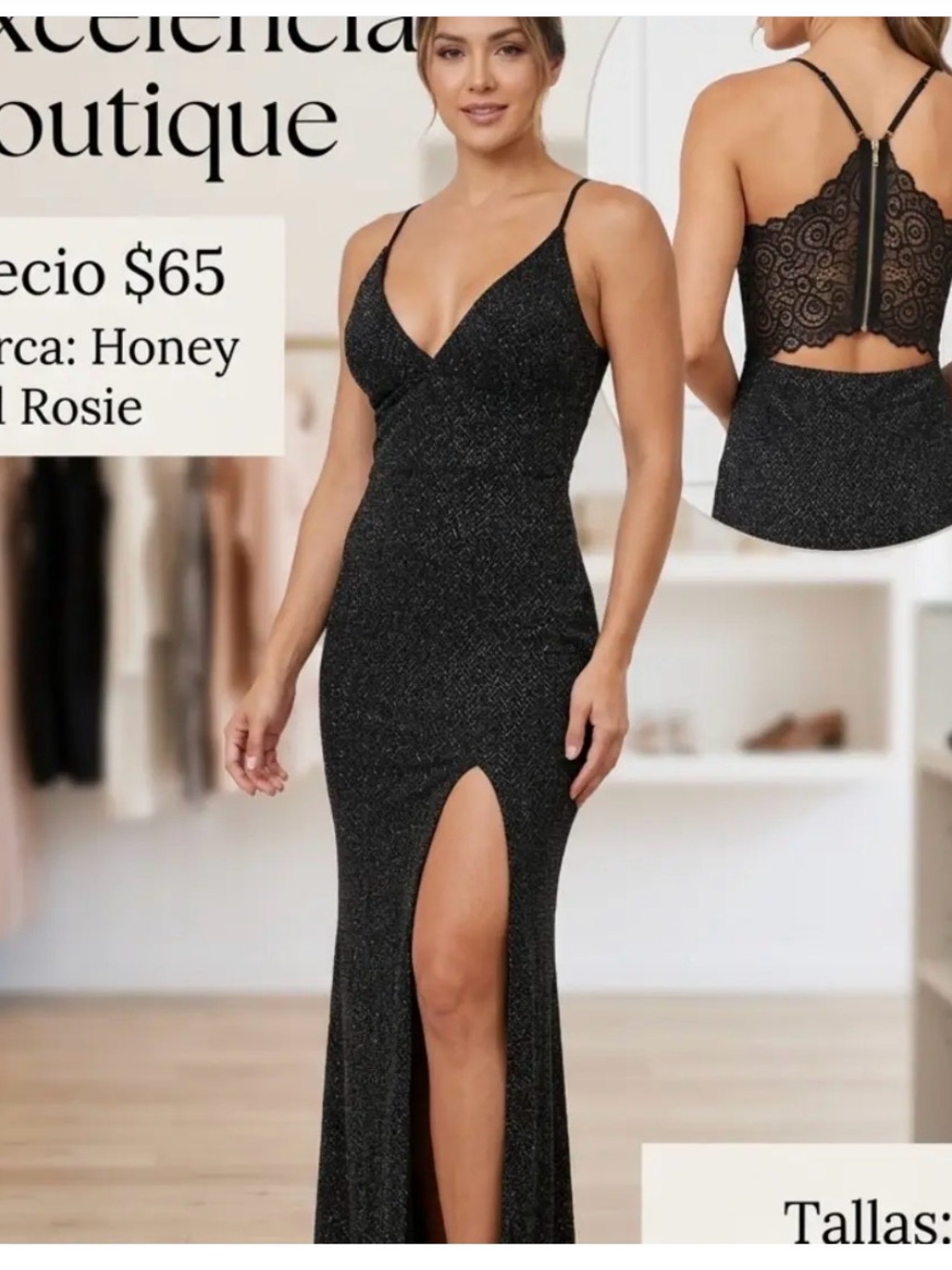 Honey and Rosie Black Sparkle Formal Gown with Lace Back